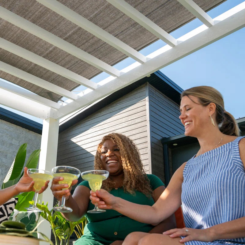 Windham 14' X 10' Modern Galvanized Steel Outdoor Patio Pergola Kit with Shade Sail Canopy and Powerport