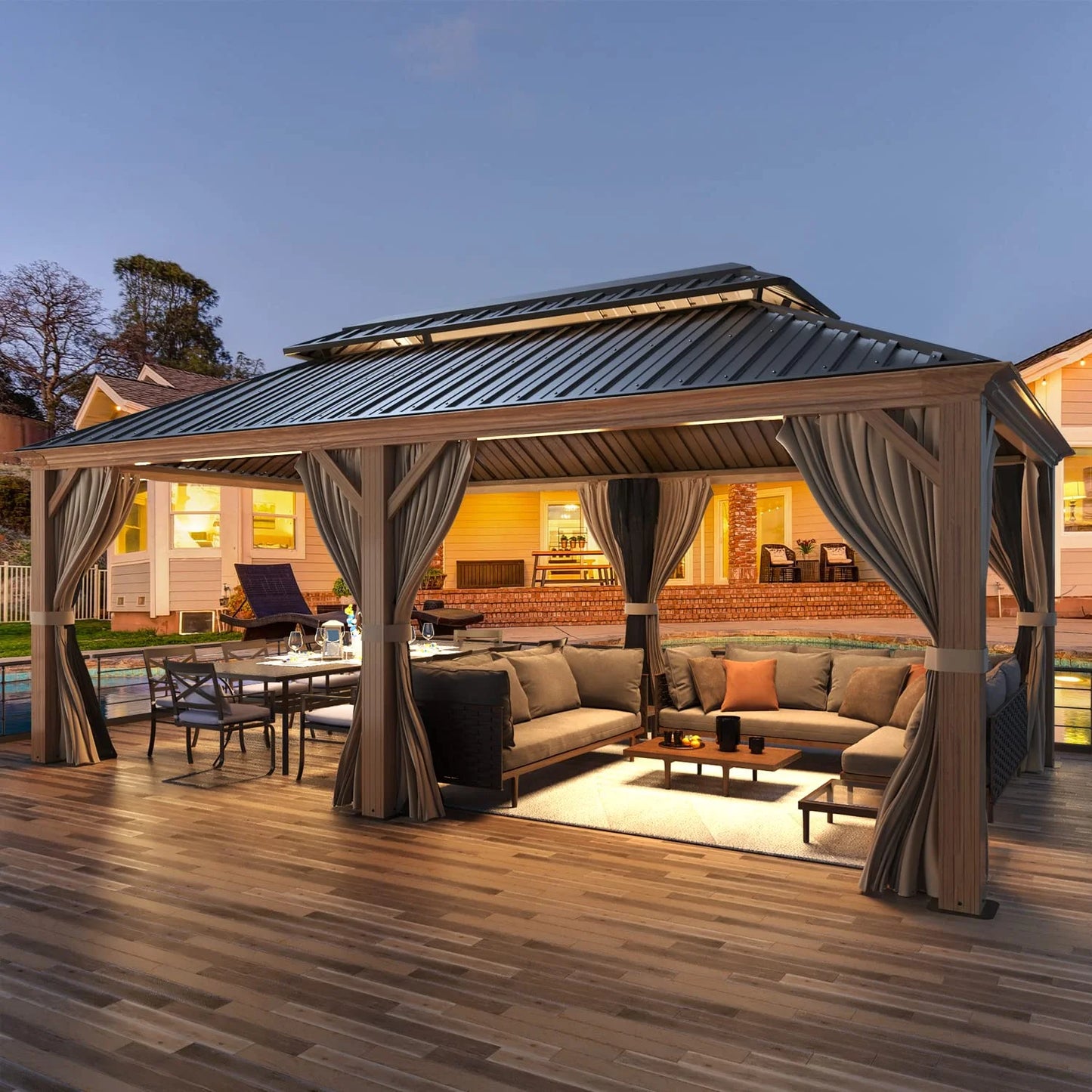 12' X 20' Hardtop Gazebo, Wooden Finish Coated Aluminum Frame Gazebo with Galvanized Steel Double Roof with Curtains and Netting