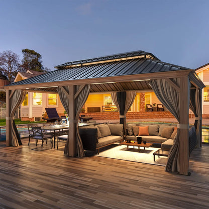 12' X 20' Hardtop Gazebo, Wooden Finish Coated Aluminum Frame Gazebo with Galvanized Steel Double Roof with Curtains and Netting
